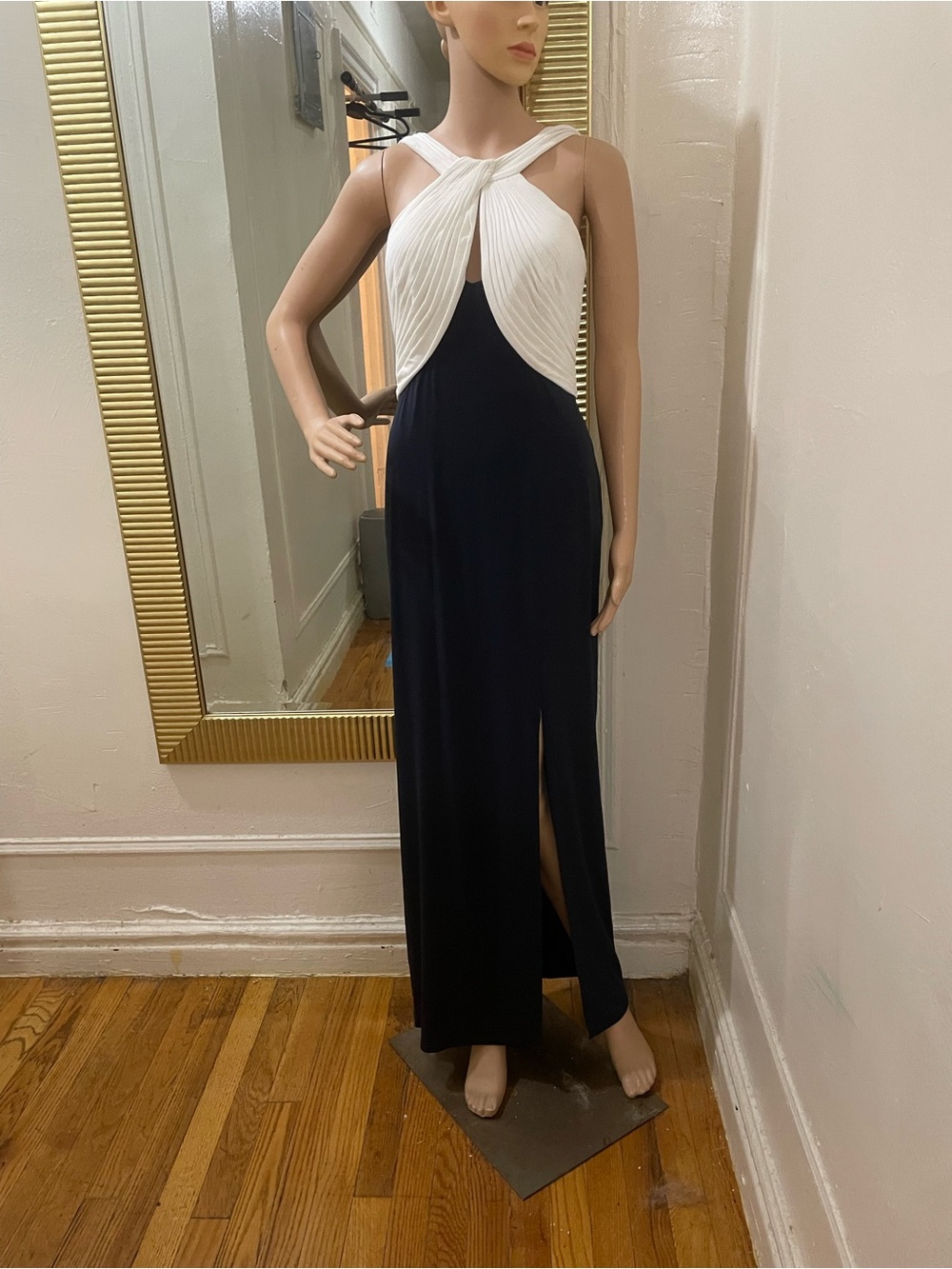 Tadashi Shoji White Twist Halter Bodice Navy Maxi Dress